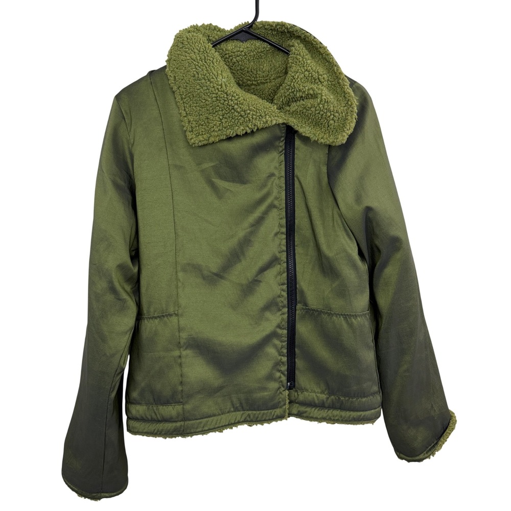 Maralyce Ferree Jacket Womens Small Green Sherpa Fleece Lined Asymmetrical Zip